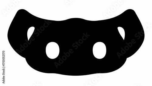 Illustration of a black mask with two white eye holes and curved edges on a white background view front silhouette