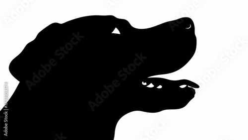 Silhouette of a dog with its mouth open displaying its teeth against a white background in a simple style