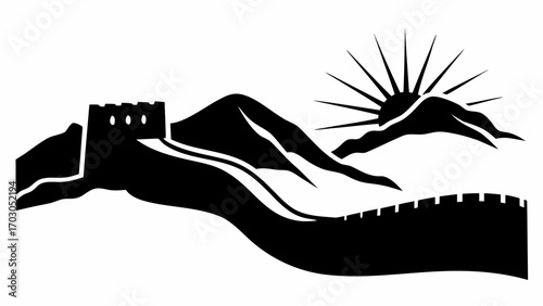 Illustration of the great wall of china with mountains and sun in black and white silhouette style