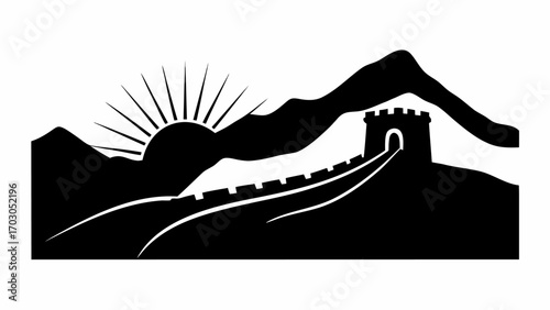 Illustration of the great wall of china with mountains and sun in black and white silhouette style