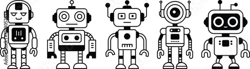 Cartoon robot characters in black and white, cute futuristic machine icons, retro-style robots for tech, AI, automation designs.