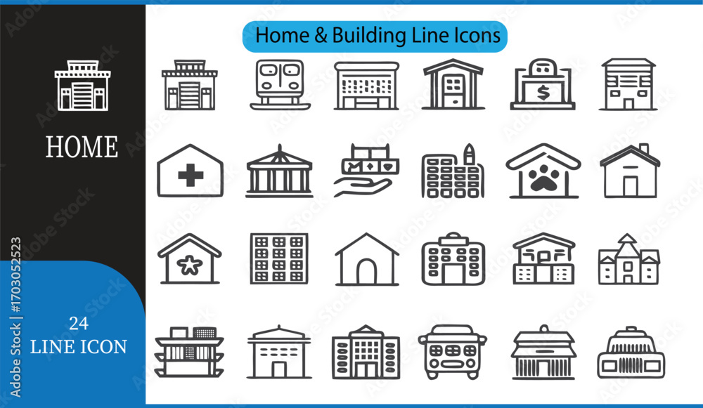 Fototapeta premium Home and Building Line Icons Set 24 Outline Vector Icons for Real Estate, Architecture, and Construction
