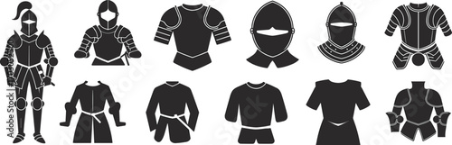 Medieval armor silhouette collection, knight suits, historical battle gear, protective clothing, vector illustration, fantasy armor, warrior outfit icons.