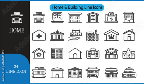 Home and Building Line Icons Set  24 Outline Vector Icons for Real Estate, Architecture, and Construction