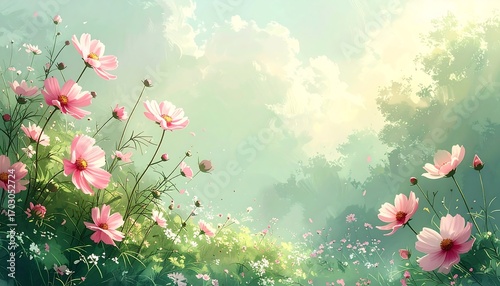 Pastel pink cosmos field under a soft sky