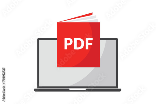 Reading a PDF file with an icon and label on a laptop screen. Document reading concept. Banner for business, marketing, and advertising. Vector illustration.