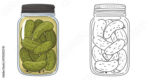 a jar filled with pickles next to its outline version