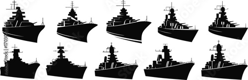 Warship silhouette collection, military battleship vector set, navy ship design elements, black war vessels for defense, ocean, combat illustrations.