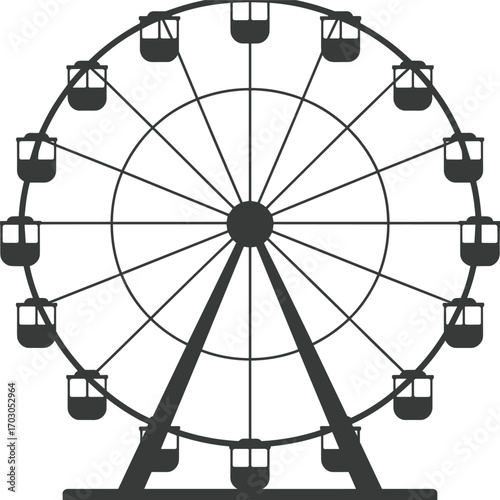 Silhouette of Ferris wheel amusement ride, carnival attraction, large wheel structure, entertainment park, funfair ride, observation wheel, leisure activity vector illustration