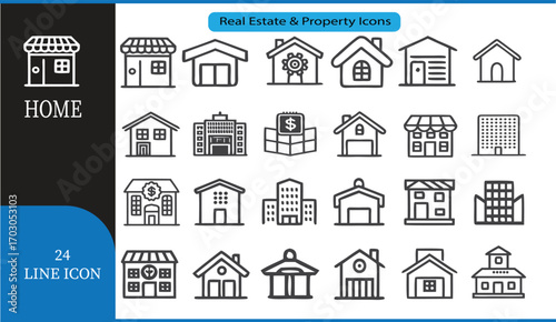 Home and Building Line Icons Set  24 Outline Vector Icons for Real Estate, Architecture, and City Design