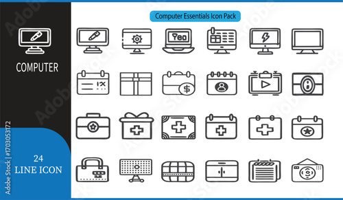 Computer Line Icons Set  24 Simple Outline Vector Icons for Technology, Web, and UI Design