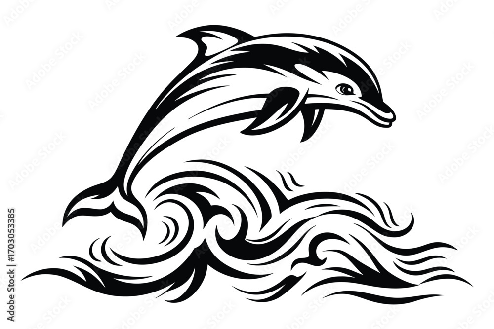 Fototapeta premium Black and White Dolphin Jumping Waves Silhouette Design