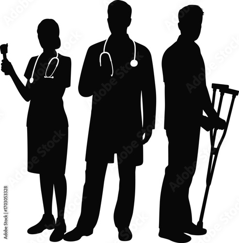 Silhouettes of healthcare professionals and injured patient with crutches, medical staff teamwork, hospital support, healthcare services, doctor and nurse vector illustration