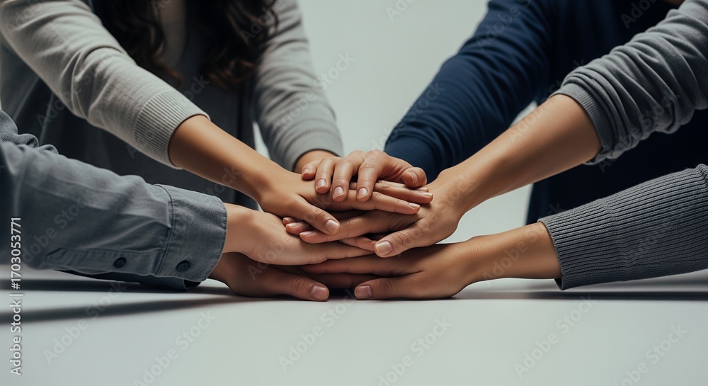 Obraz premium Hands Together, Teamwork, Unity, Collaboration, Support, Partnership, Group, People, Diverse, Cooperation, Community, Togetherness, Connection, Solidarity, Agreement, Alliance, Synergy, Collabora