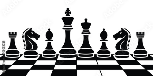 Checkered board with chess pieces for classic black and white strategy game