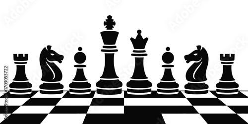 Checkered board with chess pieces for classic black and white strategy game