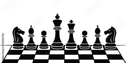 Classic chess game setup with black and white pieces on checkered board