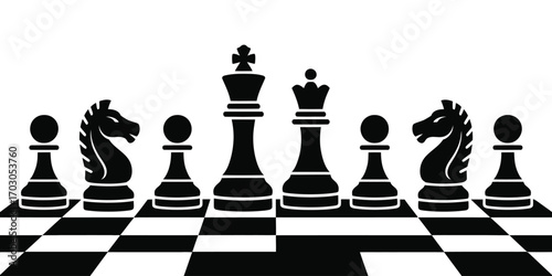 Chess pieces arranged on checkered board for strategy game