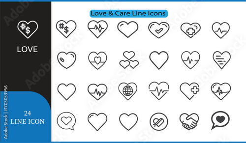 Love and Heart Line Icons Set  24 Outline Vector Icons for Romance, Wedding, and Valentine Design