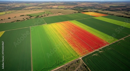 A breathtaking drone's eye view over immense farmlands featuring a striking color transition from lush green to fiery red