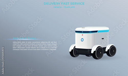 Robotic Delivery Vehicle for Futuristic City.  Cutting-edge autonomous delivery vehicle. Autonomous robot AMR for package delivery. Automated guided vehicle AGV for logistics automation. 