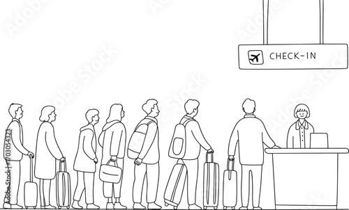 Airport check-in line illustration, people waiting with luggage, airline travel queue, minimal line art, passenger scene, flight preparation