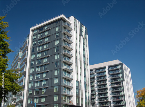 Modern apartment buildings in Richmond, BC, Canada.
