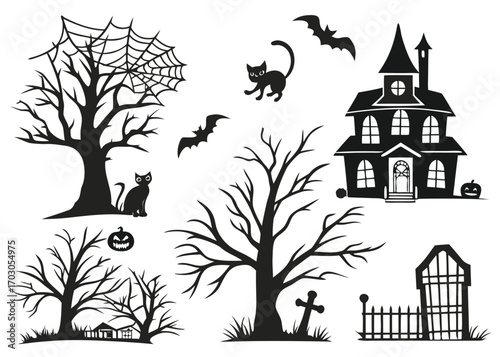 Halloween Silhouettes with Haunted Houses, Trees, Bats, Black Cats, and Pumpkins spooky dead tree