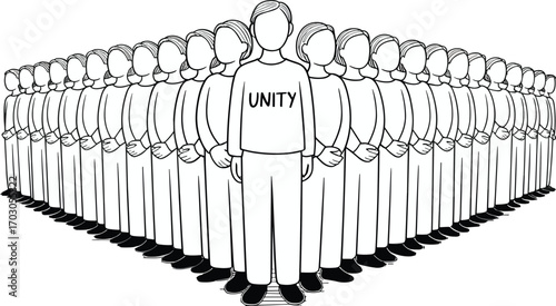 Group of people standing together in unity, leadership, teamwork, equality, solidarity, human connection, community support, line art illustration