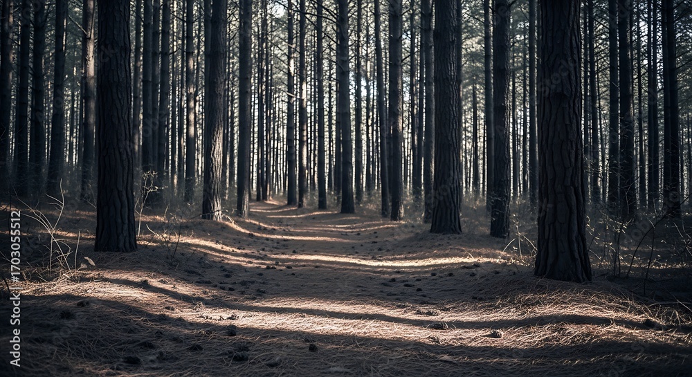 Fototapeta premium Ethereal sunlight filters through the dense trunks of a tall pine forest