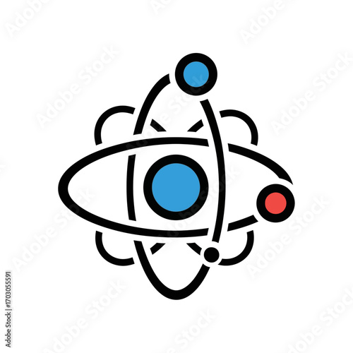 Colored atom orbits nucleus abstractly rotates design