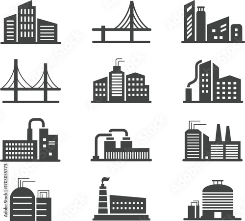 Industrial and city buildings vector set, bridge icons, factories, power plants, urban development, black silhouette architecture clipart, illustration