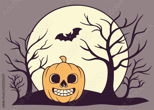 Spooky Halloween scene with a grinning pumpkin, bare trees, and a bat in front of a large moon jack o lantern