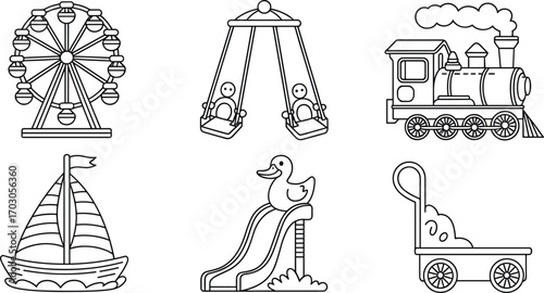 Set of playground and amusement park rides, ferris wheel, swings, train, boat, duck slide, cart, fun, children, outdoor play