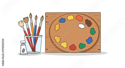 artist tools palette brushes paint cup creative workspace