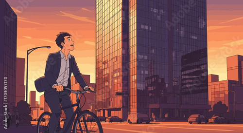 Animated illustration of a young businessman cycling in an urban city during sunset or sunrise scene