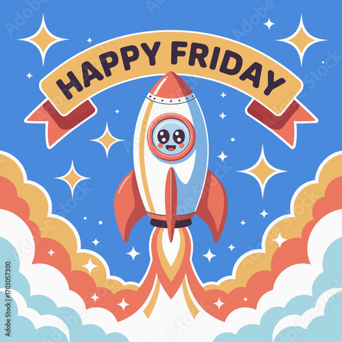 Happy friday rocket soaring among stars in a joyful banner celebrating the weeks end, perfect for weekend messages and promotions.