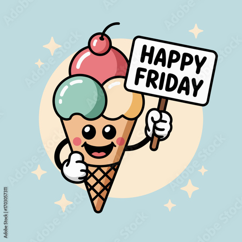 Happy friday indulge in a sweet treat with an ice cream cone holding a sign. Suitable for social media posts and advertisements.