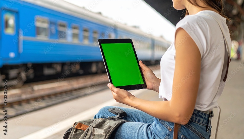 Naklejka premium Modern traveler sitting on a train station platform using a digital tablet with a customizable green screen for a mockup