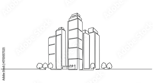a minimalist line drawing of modern skyscrapers with small trees
