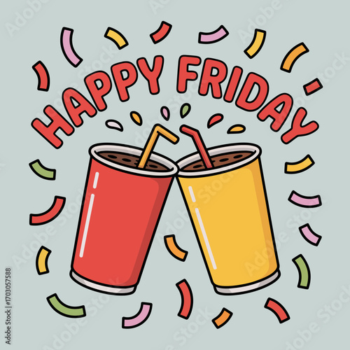 Happy friday celebration with festive drinks and confetti graphics for joyful occasions, suitable for invitations, social media posts, and advertisements.