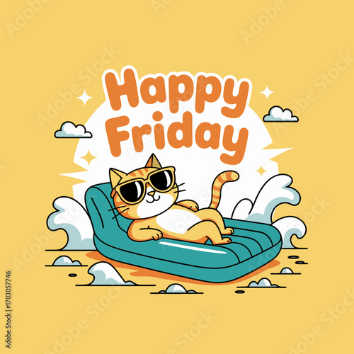Happy cat in sunglasses relaxes on a float in gentle waves on a sunny friday. Suitable for social media posts.