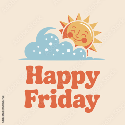 Happy friday image with a sunny cloud sending cheerful vibes. Perfect for social media posts, greeting cards, and workplace presentations.