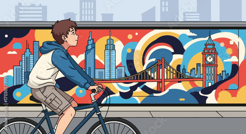 Anime style illustration showcasing a cyclist against a vibrant urban mural backdrop