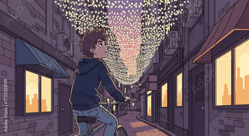 Boy on a bike admiring the illuminated street, capturing a sense of wonder and urban charm