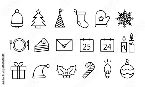 クリスマス ラインアイコンセット（ツリー プレゼント 雪の結晶 靴下 サンタ帽子）