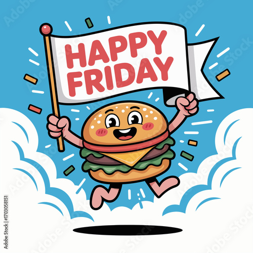 Smiling burger with happy friday banner on blue backdrop. Perfect for social media posts and restaurant promotions. Happy mood.