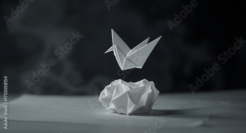 Origami crane rising above crumpled paper concept of success, overcoming challenges, hope, and new beginnings.