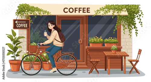 Charming cartoon illustration of a girl on a bicycle with coffee outside a coffee shop