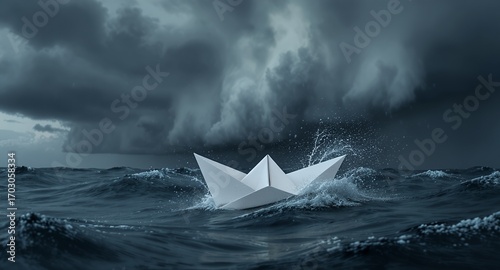 Paper boat on stormy sea, fragility, resilience, hope, origami, nautical, weather, ocean, waves, dark clouds, risk, challenge, adventure, survival, concept image, metaphor, symbolism, dramatic, m